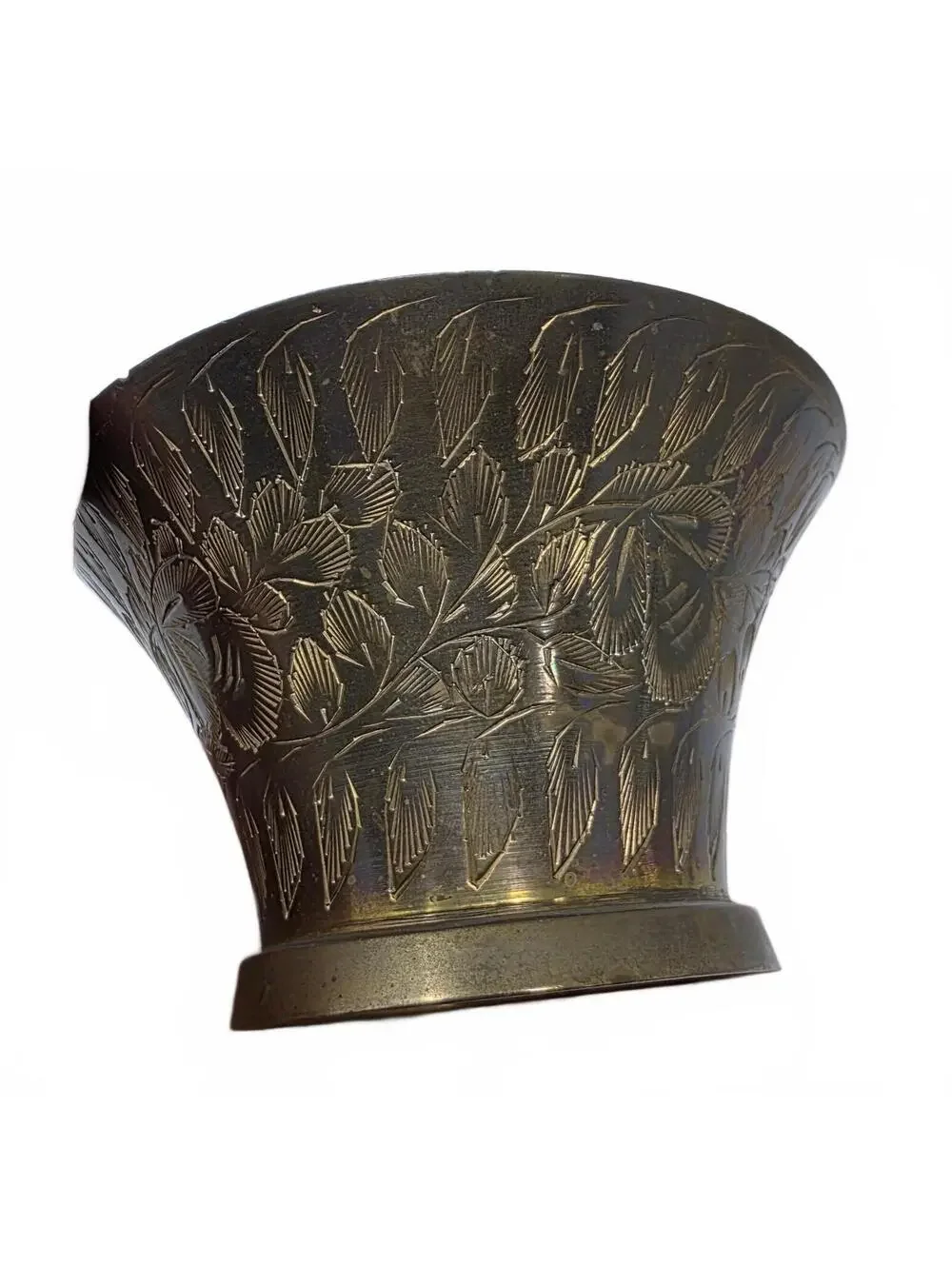 Vintage Indian Brass Pedestal Bowl Hand Engraved Floral Catchall 4.25 Inch